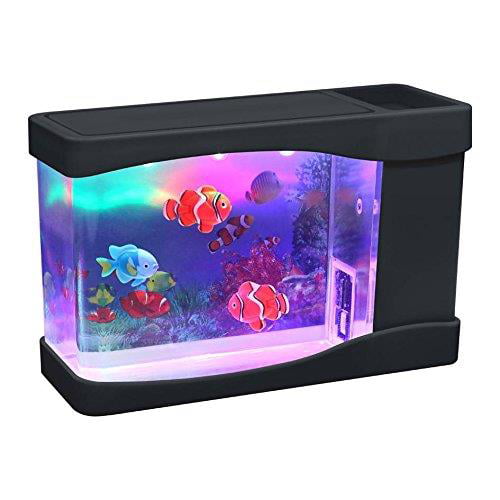 1# Liineparalle Multifunctional Mini Fish Tank USB Rechargeable with Clock Function LED Light Plastic Aquarium Starter Kits Decorations